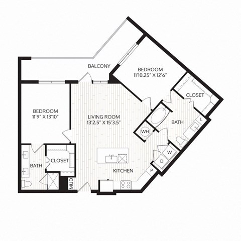 Floor plan for 2 beds, 2 baths, 1130 sqft